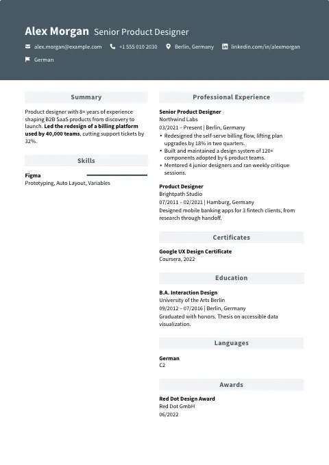 The Evergreen Slate resume template, filled in with a sample resume