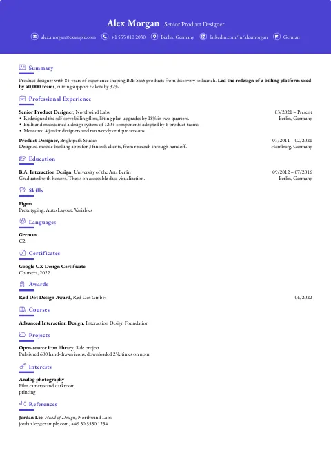 The Amethyst Edge resume template, filled in with a sample resume