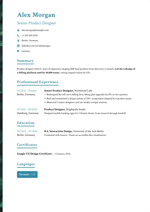 The Aqua Splash resume template, filled in with a sample resume