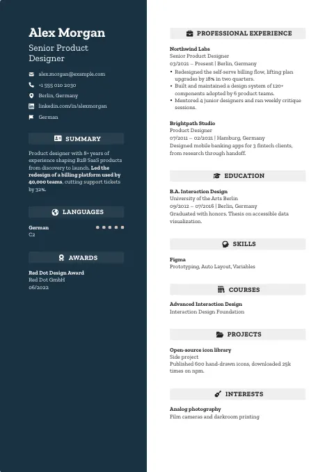 The Atlantic Blue resume template, filled in with a sample resume