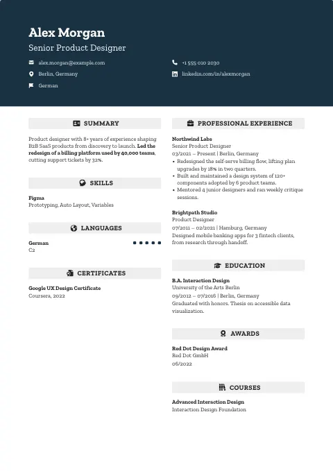 The Atlantic Crest resume template, filled in with a sample resume
