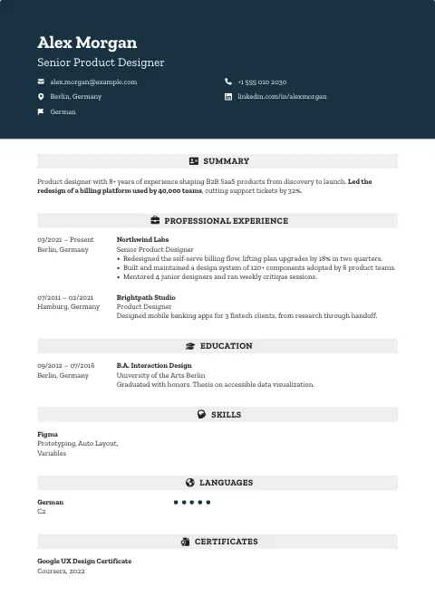 The Atlantic Horizon resume template, filled in with a sample resume