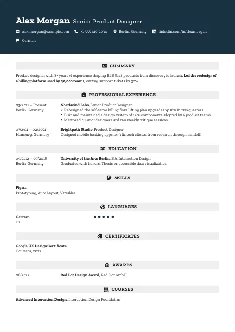 The Atlantic Standard resume template, filled in with a sample resume