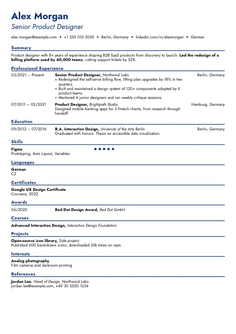 The Azure Line resume template, filled in with a sample resume