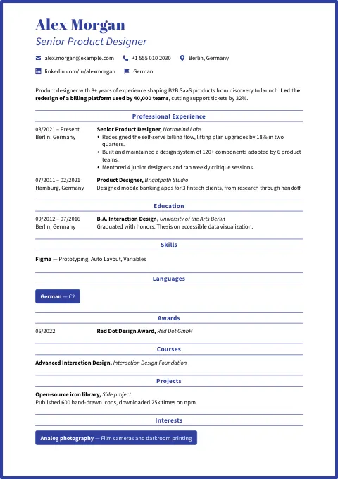 The Blue Classic resume template, filled in with a sample resume