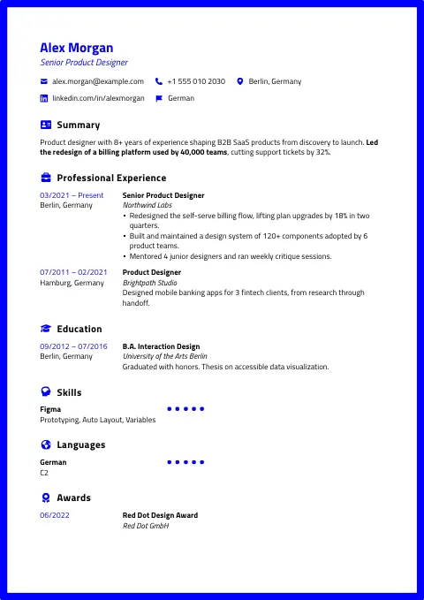 The Blue Neon resume template, filled in with a sample resume
