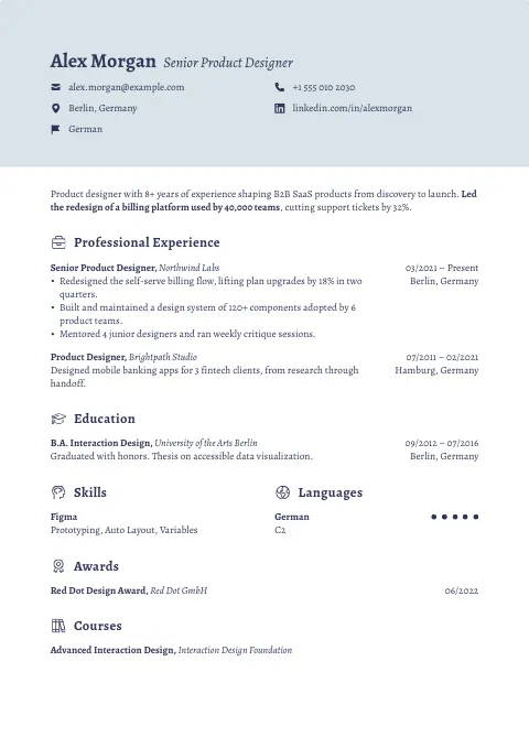 The Blue Steel resume template, filled in with a sample resume