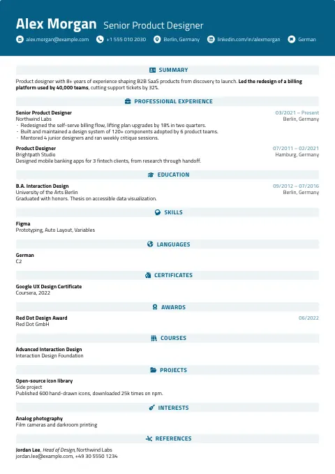 The Calm Blue resume template, filled in with a sample resume