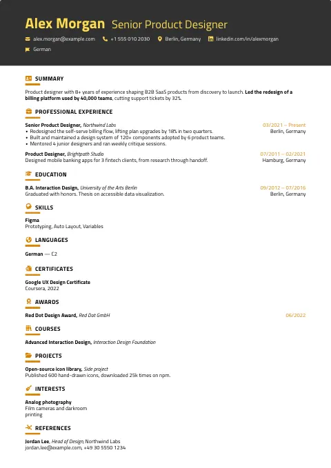 The Charcoal Glow resume template, filled in with a sample resume