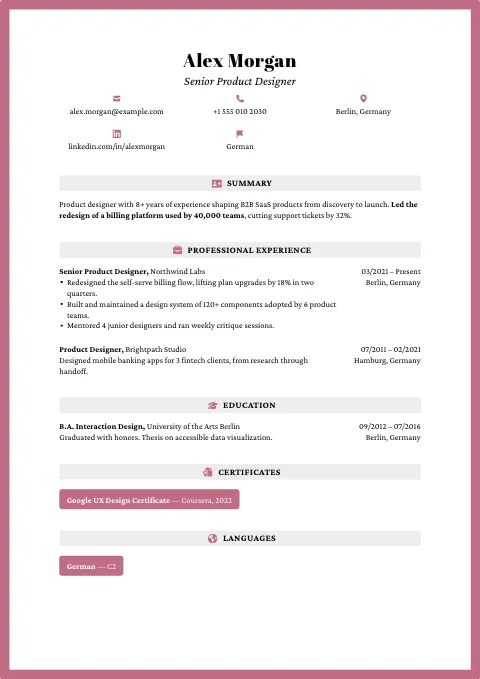 The Rosewood resume template, filled in with a sample resume