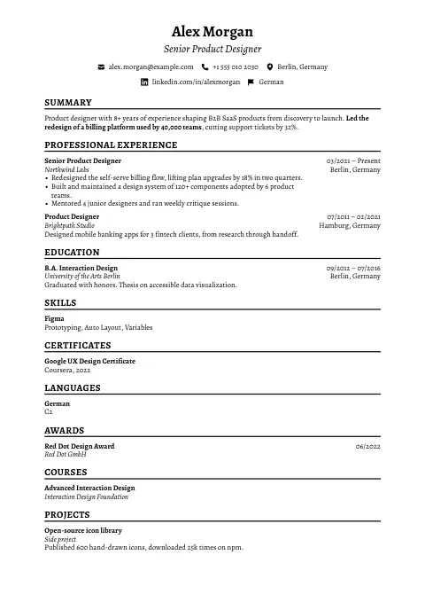 The Classic Clear resume template, filled in with a sample resume