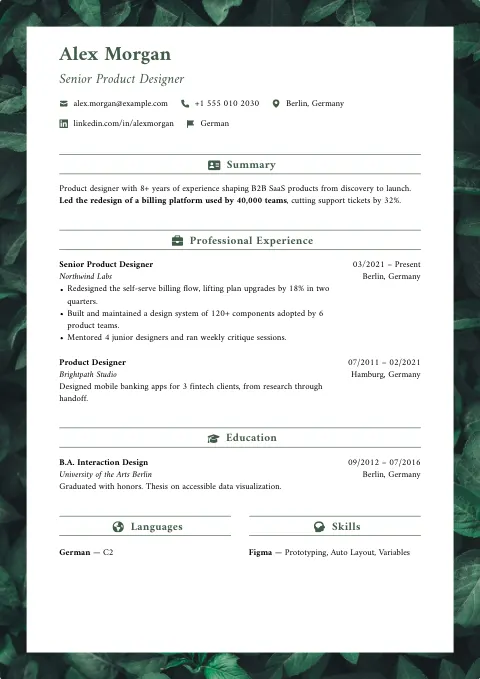 The Flower resume template, filled in with a sample resume
