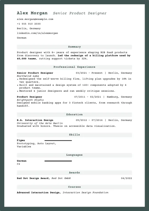 The Green Frame resume template, filled in with a sample resume