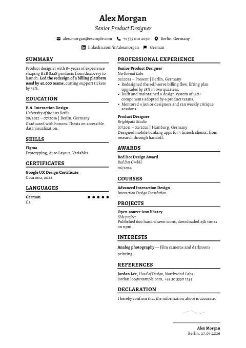 The Classic Ledger resume template, filled in with a sample resume