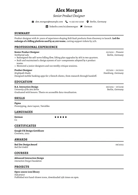 The Classic Serif resume template, filled in with a sample resume