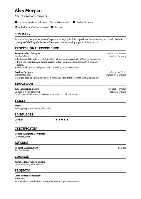 The Classic Portrait resume template, filled in with a sample resume