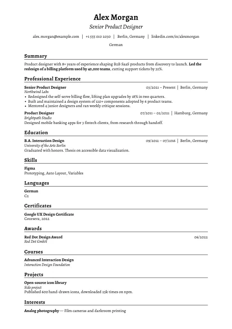 The Classic Pure resume template, filled in with a sample resume