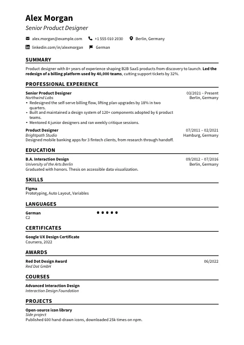 The Classic Sans resume template, filled in with a sample resume