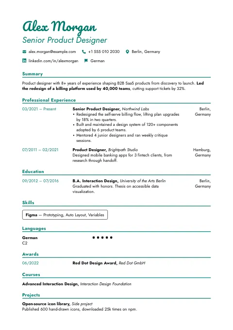 The Green Accent resume template, filled in with a sample resume