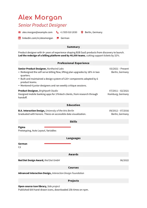 The Red Accent resume template, filled in with a sample resume