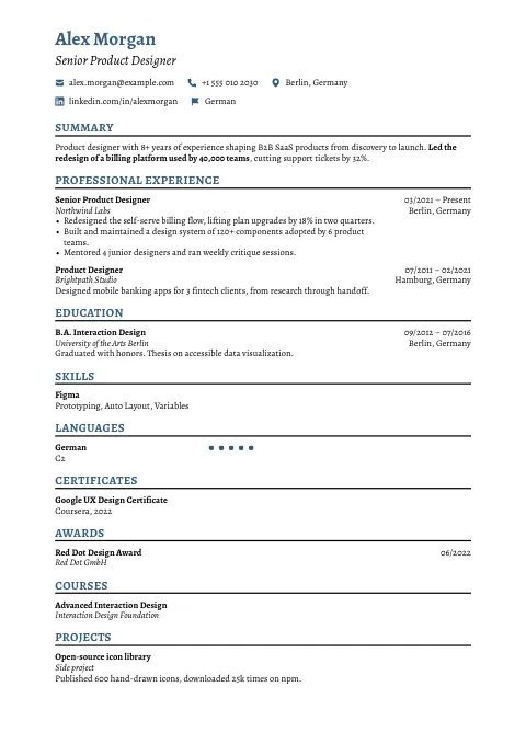 The Classic Slate resume template, filled in with a sample resume