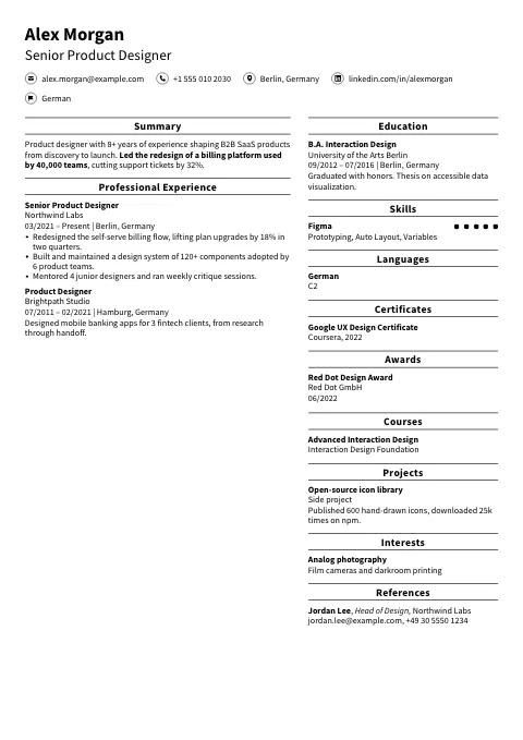 The Clean Slate resume template, filled in with a sample resume