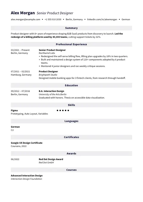 The Clear Banner resume template, filled in with a sample resume