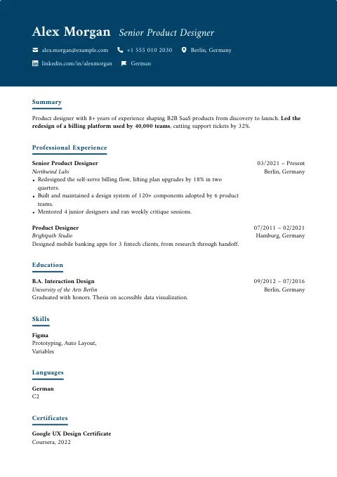 The Cobalt Edge resume template, filled in with a sample resume