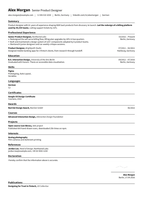The Compact Sans resume template, filled in with a sample resume