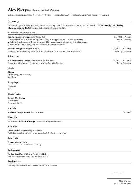 The Compact Serif resume template, filled in with a sample resume