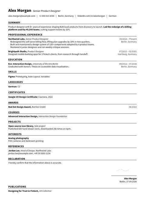 The Condensed Rule resume template, filled in with a sample resume