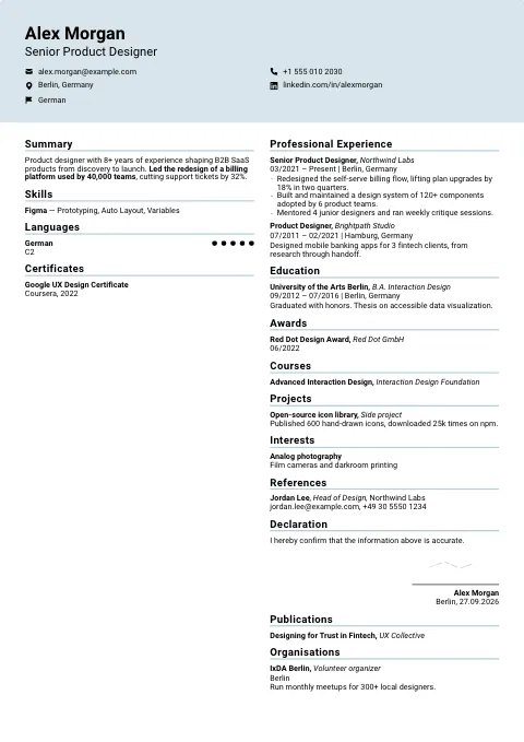 The Confident Grid resume template, filled in with a sample resume