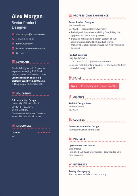 The Coral Navy resume template, filled in with a sample resume