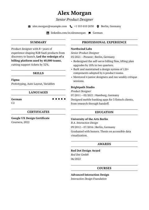The Corporate Panel resume template, filled in with a sample resume