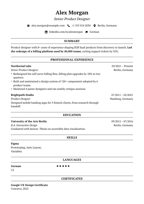 The Corporate resume template, filled in with a sample resume