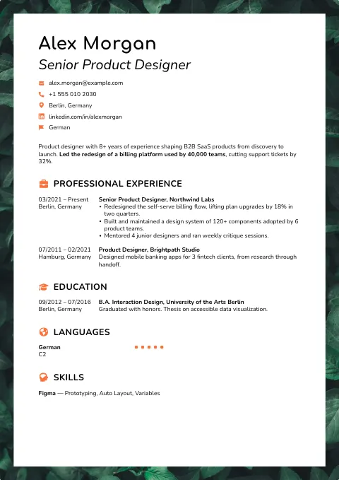 The Happy resume template, filled in with a sample resume