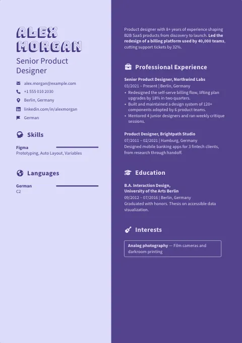 The Space resume template, filled in with a sample resume