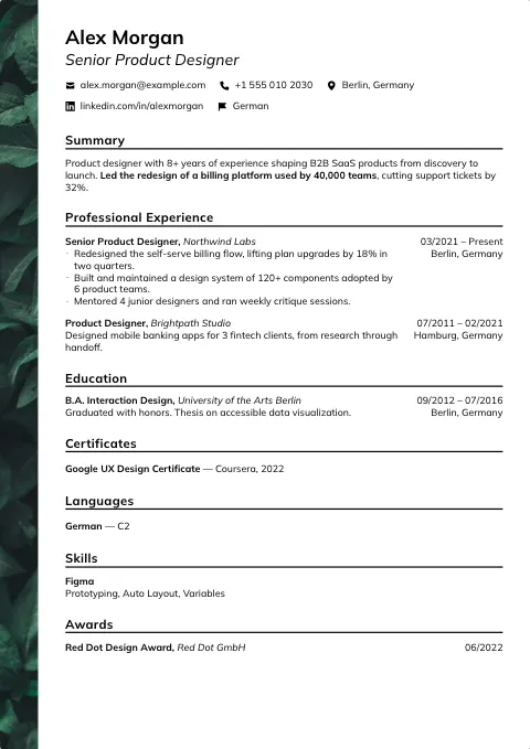 The Leaves resume template, filled in with a sample resume