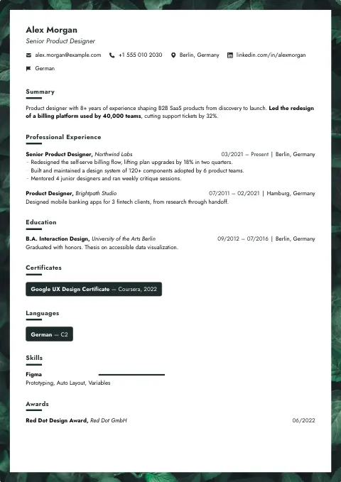 The Dark Leaves resume template, filled in with a sample resume