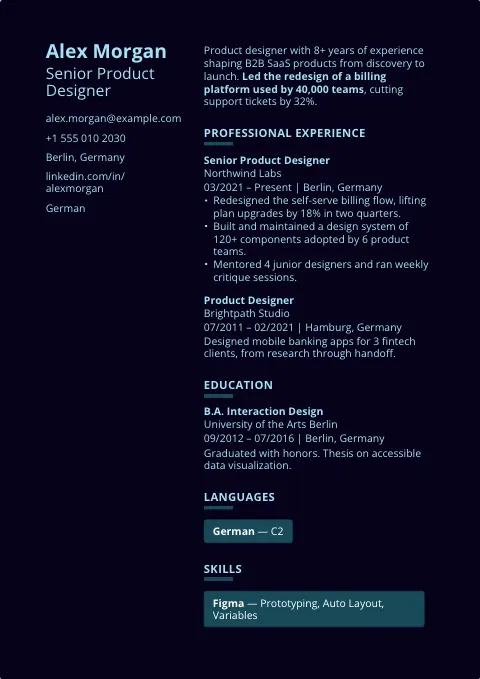 The Almost Black resume template, filled in with a sample resume