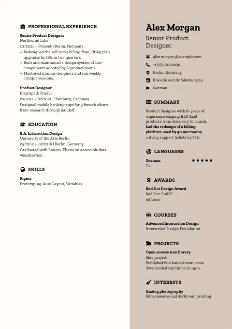 The Desert Rock resume template, filled in with a sample resume