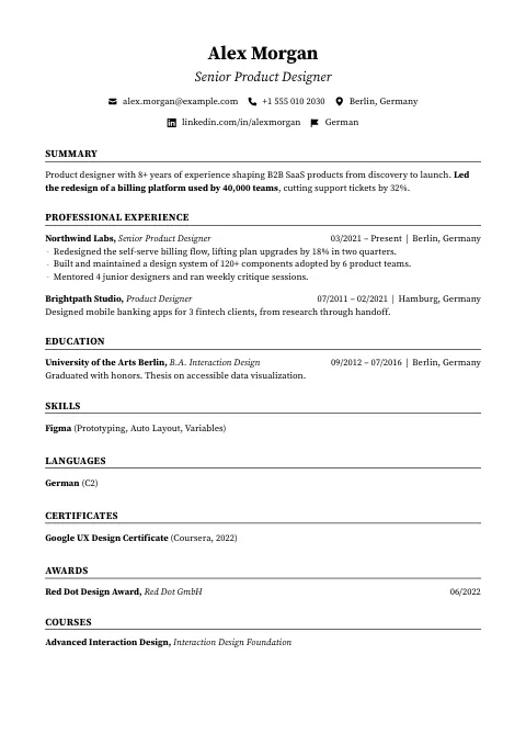 The Editorial Rule resume template, filled in with a sample resume