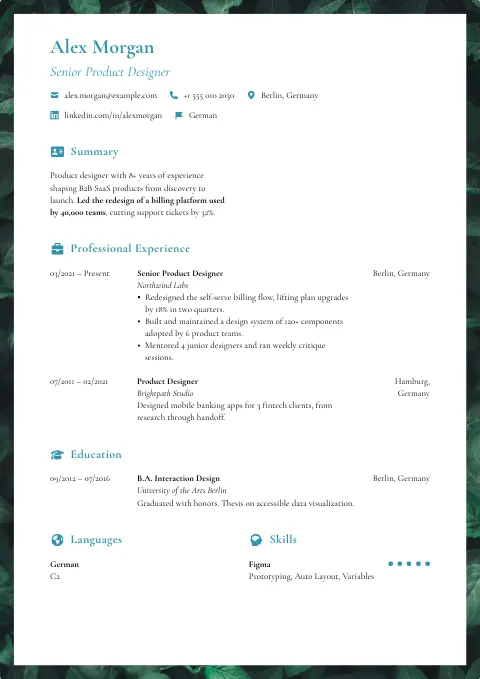 The Swimming Pool resume template, filled in with a sample resume