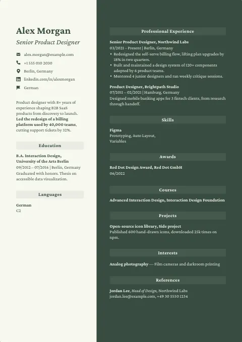 The Deep Forest resume template, filled in with a sample resume
