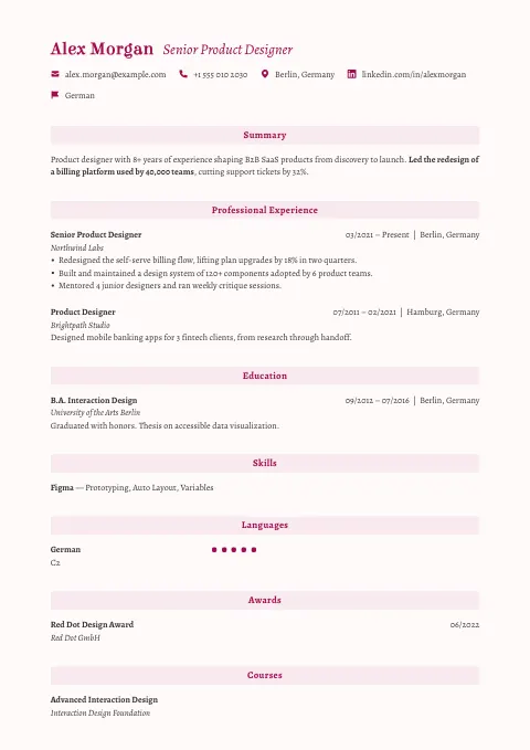 The Pastel resume template, filled in with a sample resume