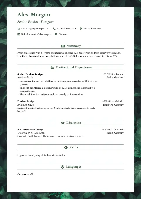 The Emerald Mist resume template, filled in with a sample resume