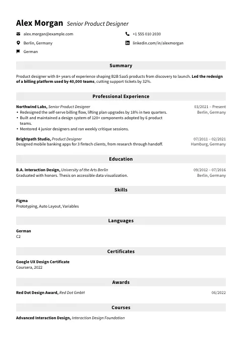 The Even Line resume template, filled in with a sample resume