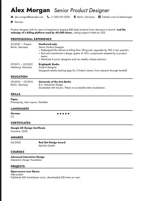 The Fine Line resume template, filled in with a sample resume