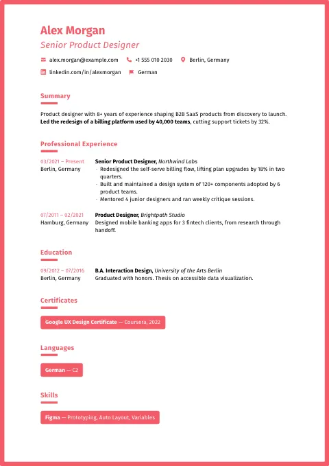 The Grenadine Red resume template, filled in with a sample resume