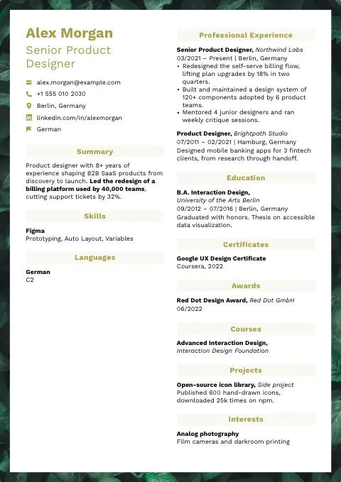 The Golden Mosaic resume template, filled in with a sample resume